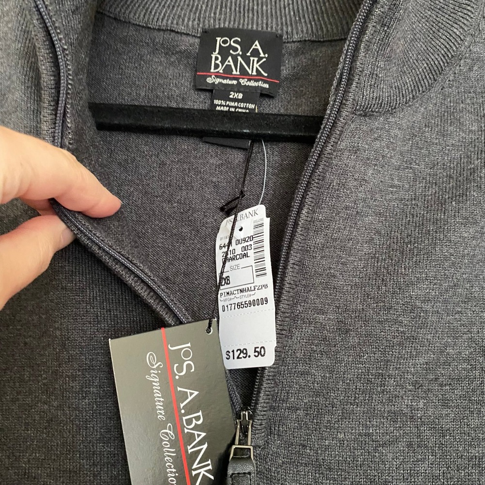 Jos A Bank Pima Cotton Gray Quarter Zip Sweater 2XB Office Normcore Preppy Light - Picture 3 of 4
